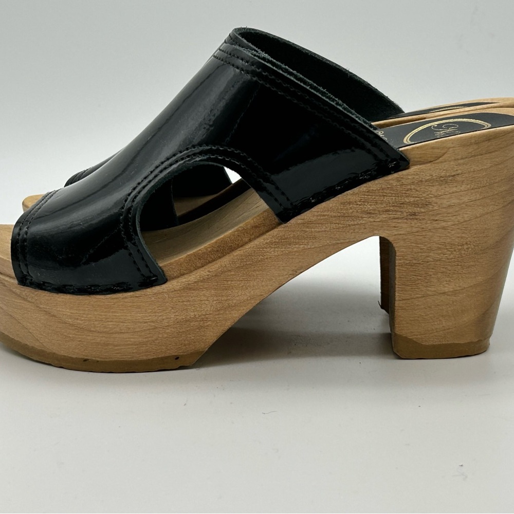 No. 6 Black Patent Leather Platform Clogs with Wood Sole - Picture 6 of 11